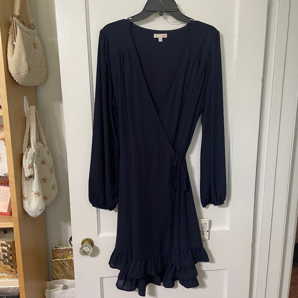 NWT Gianni Bini Navy FULL WRAP DRESS w/ Ruffle Detail